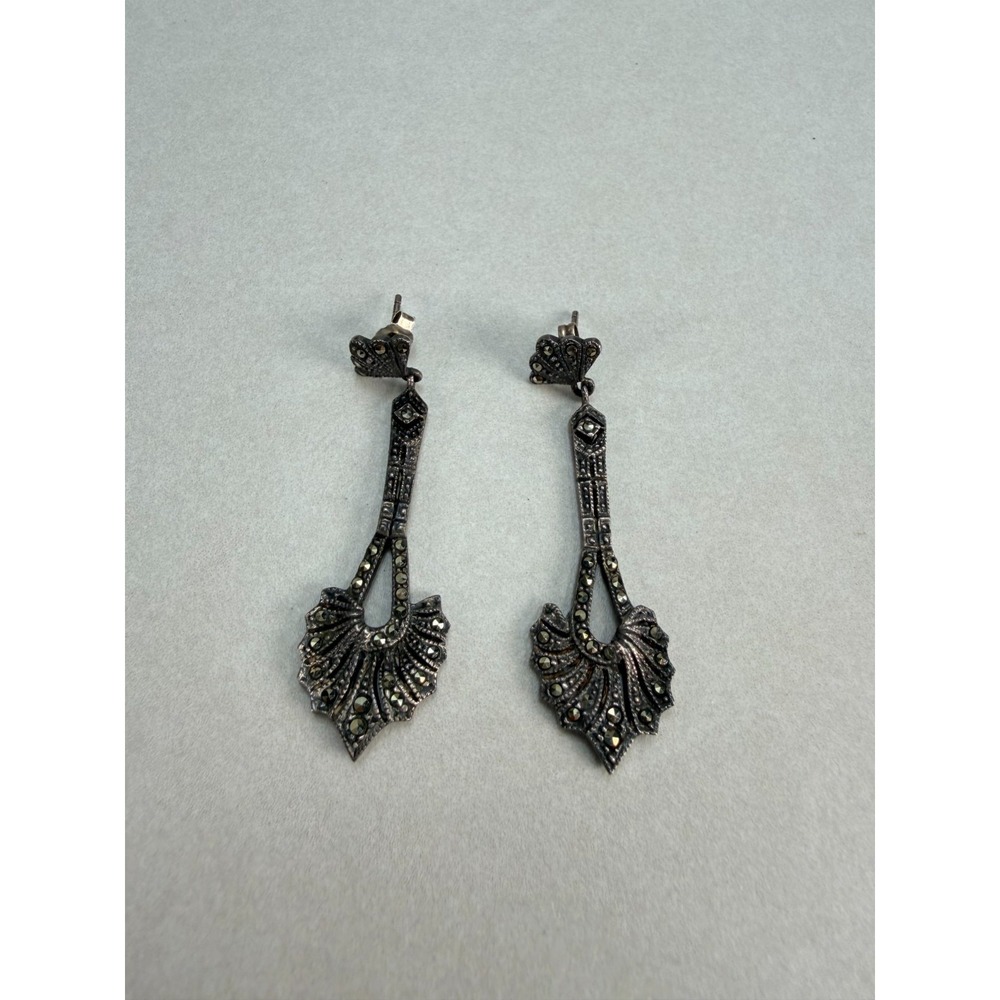 Vintage Sterling Silver Marcasite Art Deco Fan Dangle Drop Earrings